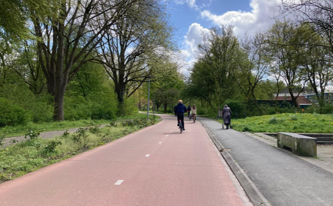Das Radfahren wird in Groningen durch farblich markierte Radwege sicherer. Im Bild ist der Radweg rot hervorgehoben. Es gibt eine linke und eine rechte Spur. Daneben rechts ein Gehsteig. Links und rechts davon sind Grünflächen.